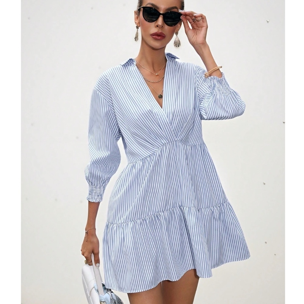 Striped White Blue Mini Dress Ruffle Detail V-Neck 3/4 Sleeve